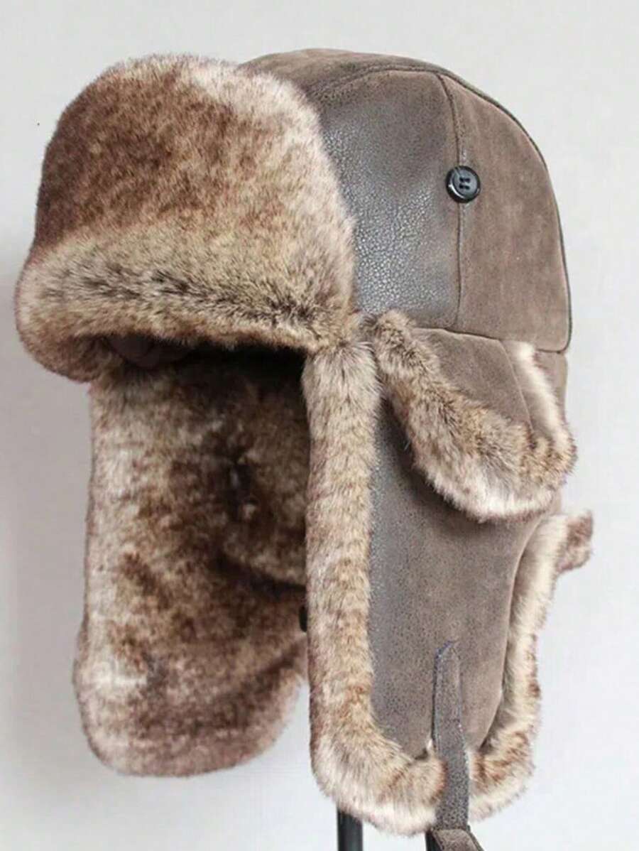 1 Piece Men Women Winter Bomber Hats Ushanka Hat With Ear Flap Pu Leather Fluffy Trapper Cap Snow Skiing Cap Fall - Brown - View 1