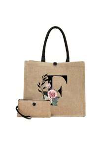 2件套简约花卉字母印花亚麻手提包，简约旅行包，化妆包，大容量旅行化妆包，多功能便携手提包，教师节礼物，感谢礼物，女士礼物，适合度假、海滩、旅行、通勤、商务、学生、野餐、露营、超市购物、日常收纳（肩带方向随机），最佳教师节礼物，海滩度假必备，最佳教师节礼物 - 卡其色 - 查看 15