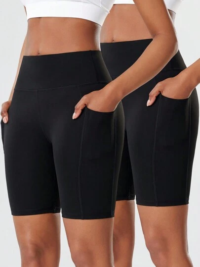 2 st Yogabyxor med hög midja för kvinnor med dubbla sidfickor, tight elasticitet Pilates Capris för konditionsträning, Snabbtorkande Cykelsportshorts Boxershorts för kvinnor