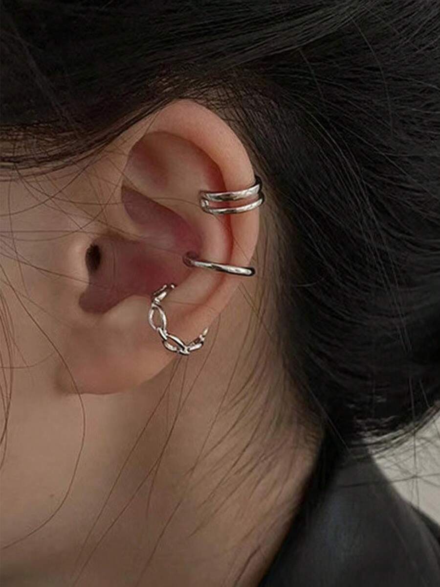 Pendientes de aro circular conectados de estilo simple y elegante, aretes de aro metálicos exagerados, joyería de moda para damas - Plateado - Ver 1