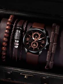 4pcs Fashionable Business Casual Men's Watch, Round Brown Quartz Watch, Paired With PU Woven Bracelet And Wooden Bead Bracelet Set, Suitable For Casual Daily Wear And Holiday Wear, The Best Gift Set For Men.
