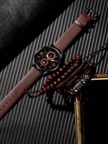 4pcs Fashionable Business Casual Men's Watch, Round Brown Quartz Watch, Paired With PU Woven Bracelet And Wooden Bead Bracelet Set, Suitable For Casual Daily Wear And Holiday Wear, The Best Gift Set For Men.