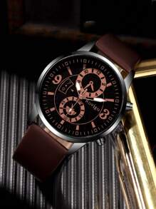 4pcs Fashionable Business Casual Men's Watch, Round Brown Quartz Watch, Paired With PU Woven Bracelet And Wooden Bead Bracelet Set, Suitable For Casual Daily Wear And Holiday Wear, The Best Gift Set For Men.