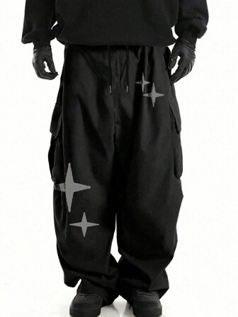 Men's Loose Fit Straight Leg Cargo Pants With Star Print Design, Emo, Fall