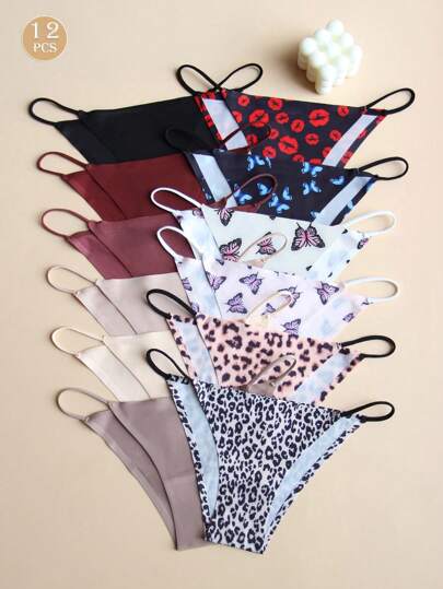 12pcs/Pack Sexy Seamless Ladies Underwear Bikini Set, Leopard Print Contrast Color Cute Style Soft And Comfy Panties