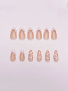 中長款光澤白色法式假指甲，帶小花朵，甜美水滴花假指甲，可穿戴指甲，美甲，假指甲，24片裝 - 白色 - 查看 4