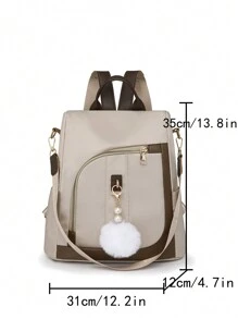 Women's Simple And Versatile Design Back Pack With A Fluffy Ball Pendant, Suitable For Casual And Commuting, School Backpack - Beige - View 7