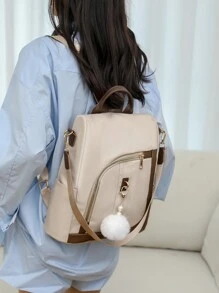 Women's Simple And Versatile Design Back Pack With A Fluffy Ball Pendant, Suitable For Casual And Commuting, School Backpack - Beige - View 3