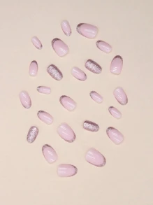 24pcs Short Round Head Fake Nails With Shiny Red & Pink French Style, Suitable For Women And Girls Daily And Festival Wear Press On Nails Nail Supplies - Multicolor - View 4