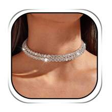 Cklace Silver Chokers Crystal Layered Necklaces Sparkly Prom Party Collar Ne - Silver - View 1
