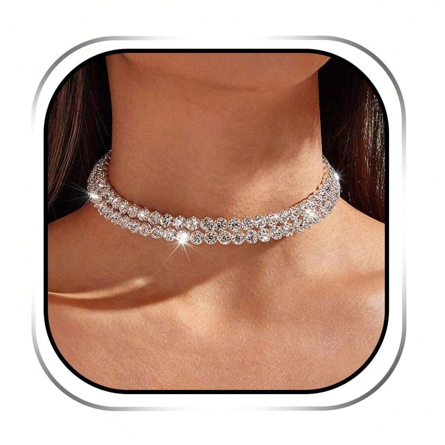 Cklace Silver Chokers Crystal Layered Necklaces Sparkly Prom Party Collar Ne - Silver - View 1