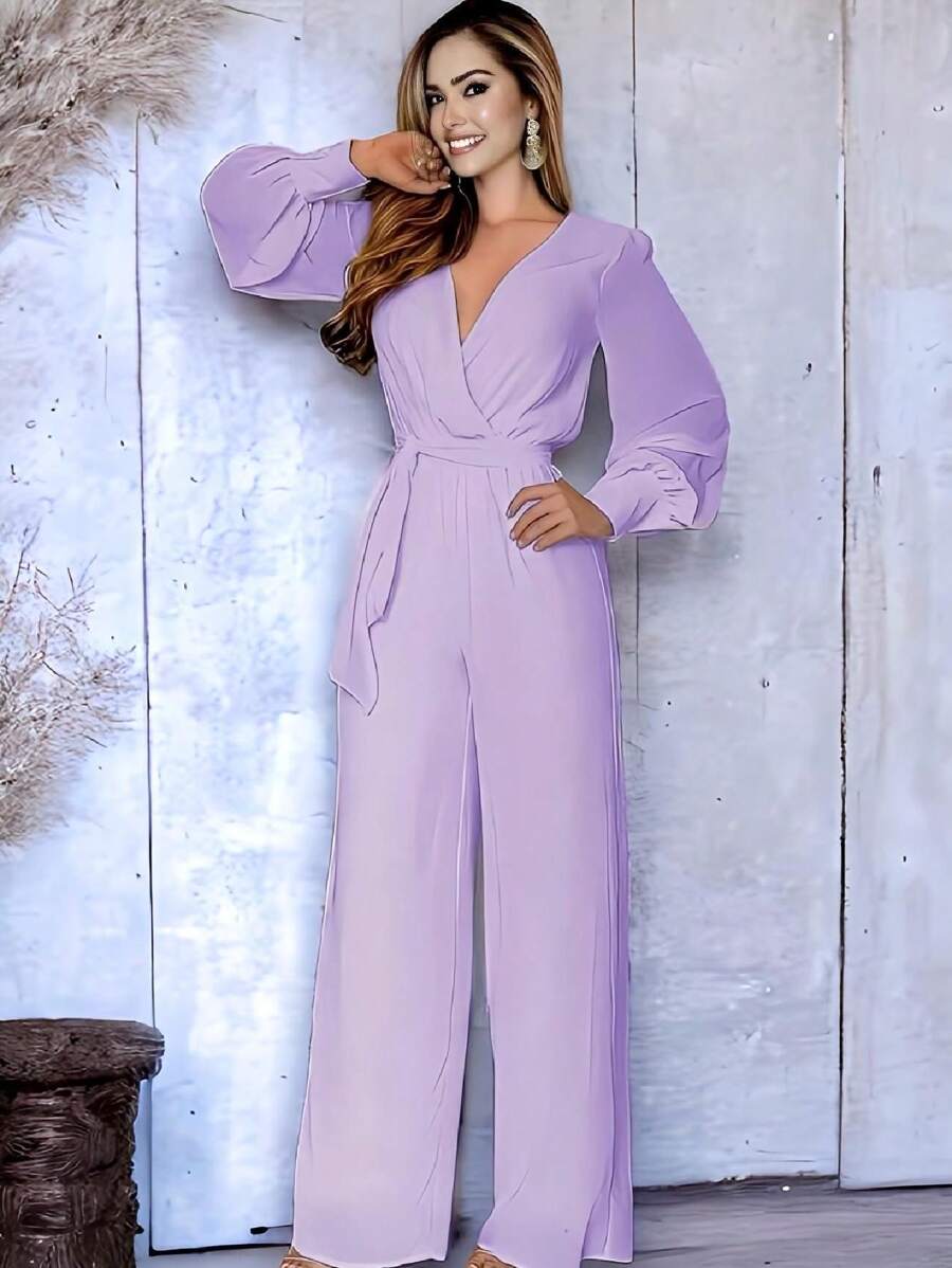 Mono Con Escote Profundo Y Pierna Ancha Elegante Para Mujer - Lila - Ver 1