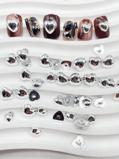 100/200pcs Acrylic Silver Heart-Shaped Rhinestone Flat Bottom Nail Art Decorations; Faux Pearl Beads, Suitable For Phone Cases, Scrapbooking, DIY Decorations