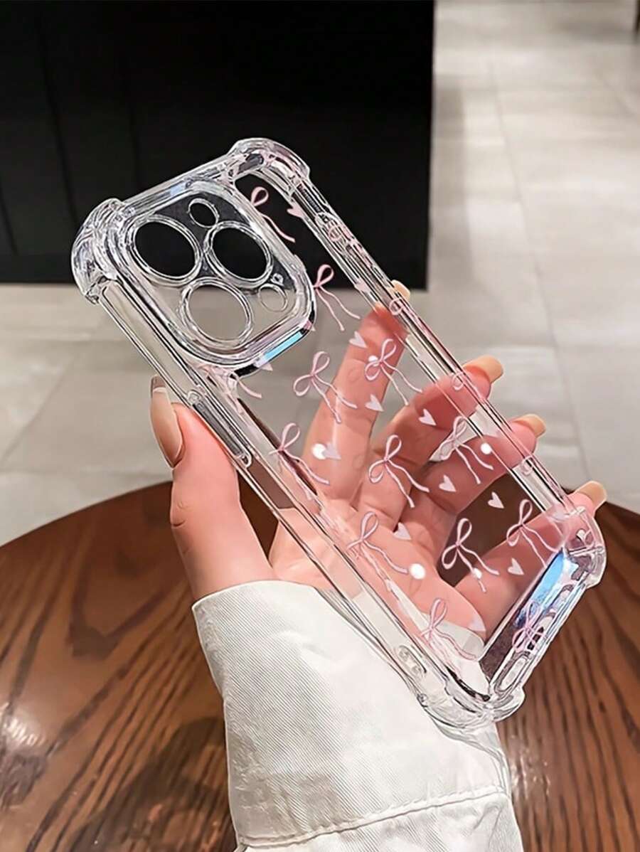 Cute Bow & Heart Design Transparent Phone Case, With Shock-Proof Edges, Compatible With 14/15/16/16 Pro Max/12 Pro/11/Xr/Xs/7/8 Plus - Durable TPU Material - Clear - View 1