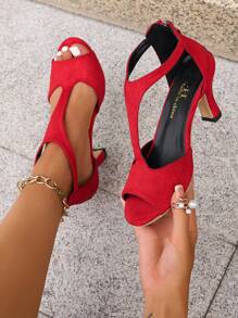 2025 Fashionable Chic Fierce Peep-Toe Small Size Women's High Heel Sandals, Open Toe, Slim Mid-Heel, Wear-Resistant Suede Pumps - Red - View 2