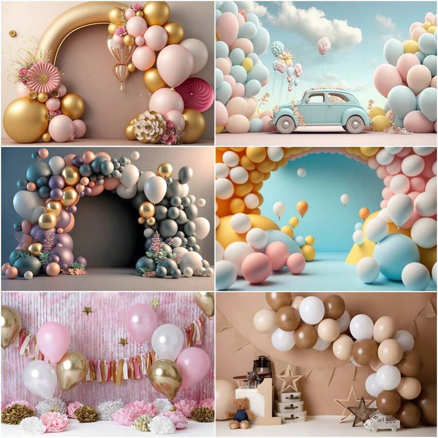 1 pieza Material de fondo fotográfico de paño de temática de cumpleaños de primer año del coche con globos coloridos