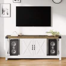 Farmhouse TV Stand For 65/60/55 Inchs, Mid Century Modern Entertainment Center With Storage Cabinets And Open Shelves, Wood TV Table Media Console For Living Room, Bedroom - 白色 - 查看 2