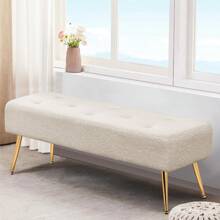 Furnistyle Ivory White Button Tufted Ottoman Bench, Faux Sherpa Fabric Ottoman, End Of Bed Bench Upholstered Entryway Bench Seat, Furry Bench With Solid Metal Legs, Vanity Bench For Makeup Room, Footstool Ottman Bench For Living Room