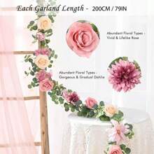 1入組5.9英尺人造花綠葉花藤裝飾，含有花朵的尤加利綠葉藤，粉色玫瑰花藤，可用於婚禮桌布中心點和背景裝飾 - 粉色 - 查看 10