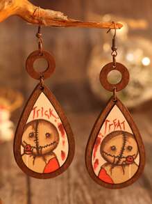 New Vintage Halloween Style Handmade Wood Hollow Round & Drop Shaped Broken Doll Earrings And Pendant Set For Women