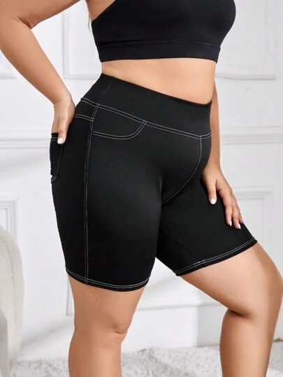 1pc Plus Size Black Skinny Shorts With Pockets, Sportswear