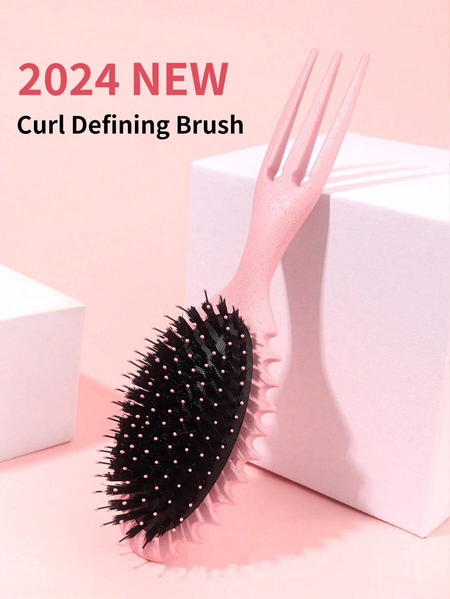 1pc Curl Defining Brush, 3-In-1 Fish Bone Brush For Shaping And Styling Curly Hair, Claw Hair Brush To Define And Shape Curls, Reduce Tangles And Frizz, Suitable For Styling Curly Hair - Pink - View 1