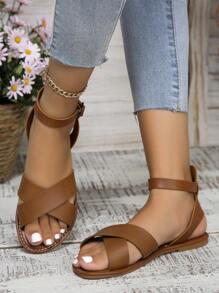 Einfache flache Sandalen für Frauen, lässige offene Zehen Sommer Schuhe, leichte elastische Riemen Pantoletten - Rostbraun - Übersicht 3