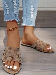 Women's 2024 New Summer Flat Toe Flower Pattern Sandals, Plus Size And Wide Width, Fashionable
