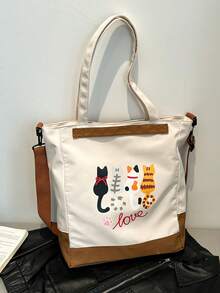 1入組色塊尼龍休閒背包，適用於返校季節，印有可愛卡通四小貓圖案的學生書包，大容量女士手提包，手袋和肩袋 - 白色 - 查看 5