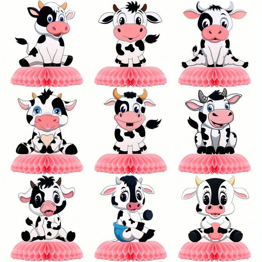 9pcs-vibrant-pink-cow-print-party-decor-festive-honeycomb-table