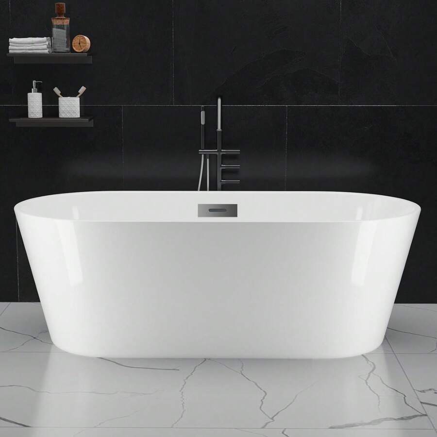 59" Freestanding Bathtub, White Acrylic Streamline Stand Alone Soaking Bath Tubs For Adult With Overflow And Drain In , CUPC Certified, Perfect For Your Bathroom-Marine - White - View 1