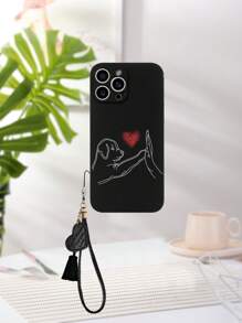 With Phone Charm 1pc Black TPU Dog High Five Heart Pattern Anti-Drop Phone Case And 1pc Black Heart-Shaped Leather Phone Strap, Compatible With IPhone/Matching Phone Cases/Funny Phone Cases/Android Phone Cases/Samsung Phone Cases/Xiaomi Phone Cases/OPPO Phone Cases, Compatible With IPhone 15PRO MAX/Samsung A14/Samsung A54/Samsung A52/Samsung A31 4G/Samsung A23/Redmi Note 8 Pro Case/Redmi Note 11 Pro 4G Case/Redmi Note 12 4G Case/OPPO A54 Case