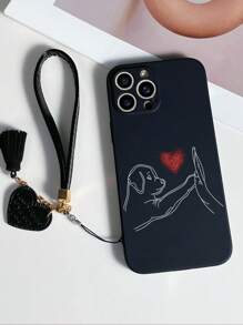 With Phone Charm 1pc Black TPU Dog High Five Heart Pattern Anti-Drop Phone Case And 1pc Black Heart-Shaped Leather Phone Strap, Compatible With IPhone/Matching Phone Cases/Funny Phone Cases/Android Phone Cases/Samsung Phone Cases/Xiaomi Phone Cases/OPPO Phone Cases, Compatible With IPhone 15PRO MAX/Samsung A14/Samsung A54/Samsung A52/Samsung A31 4G/Samsung A23/Redmi Note 8 Pro Case/Redmi Note 11 Pro 4G Case/Redmi Note 12 4G Case/OPPO A54 Case