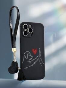 With Phone Charm 1pc Black TPU Dog High Five Heart Pattern Anti-Drop Phone Case And 1pc Black Heart-Shaped Leather Phone Strap, Compatible With IPhone/Matching Phone Cases/Funny Phone Cases/Android Phone Cases/Samsung Phone Cases/Xiaomi Phone Cases/OPPO Phone Cases, Compatible With IPhone 15PRO MAX/Samsung A14/Samsung A54/Samsung A52/Samsung A31 4G/Samsung A23/Redmi Note 8 Pro Case/Redmi Note 11 Pro 4G Case/Redmi Note 12 4G Case/OPPO A54 Case