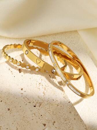 3入組精緻簡約不易褪色不過敏的不銹鋼鍍金手環套裝，女士珠寶首飾組合
