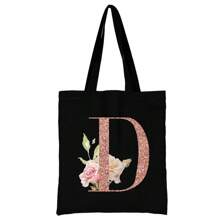 女士购物袋帆布袋手提袋可重复使用杂货手提袋储物袋玫瑰金字母姓名首字母图案旅行单肩包大容量学生手提包大容量帆布手提单肩包杂货袋书包，返校背包，大容量，轻便，便携，适合少女女大学生，非常适合返校、大学、初中、高中、工作、商务、通勤