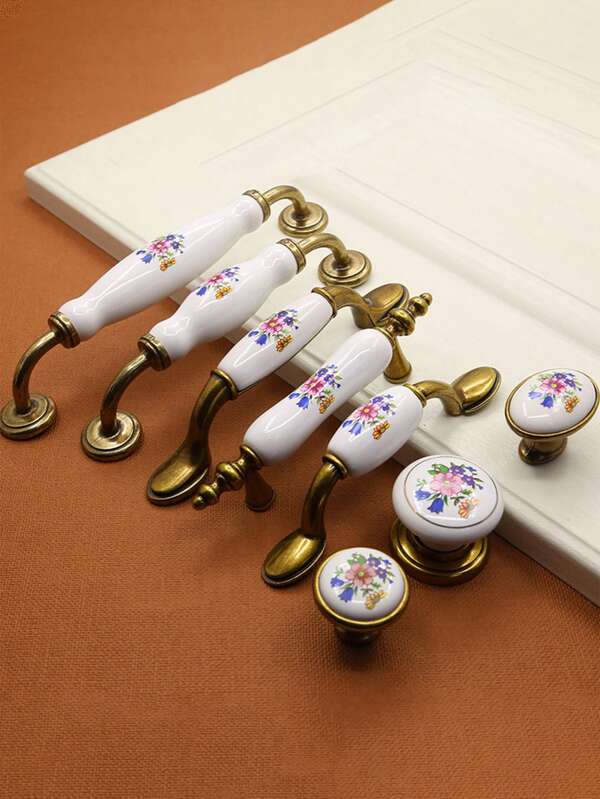 Perilla de gabinete con patrón de flor de loto de cerámica blanca, tiradores de armario vintage con tornillos, se ajusta a muebles con espaciado de agujeros de 128 mm y 160 mm