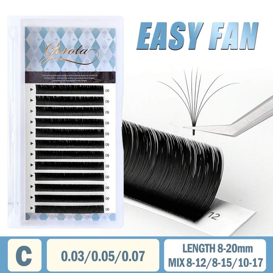 Extensões de cílios Gorota Super Soft Blomming Lashes Easy Fan Mega Volume Fans 8-20mm Todos os Tamanhos Suprimentos de Cílios para a Beleza dos Olhos - C - Visão 1