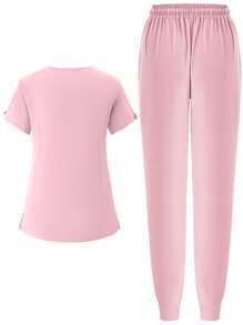 Bộ đồ y tế nữ co giãn, chất liệu mờ, có túi, thoáng khí, thích hợp cho đồng phục y tá, quần áo lao động và rửa tay. - Hồng - Xem 2