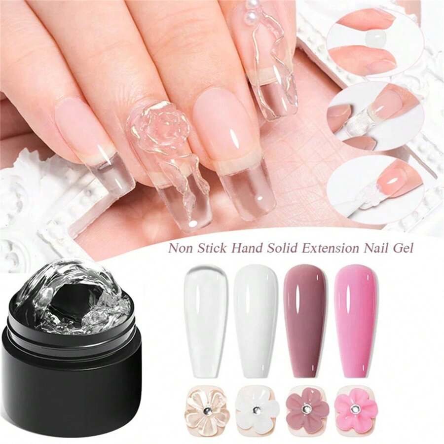 MEET ACROSS 4pcs/Set Non-Stick Solid Nail Extension Gel Kit - Transparent, Pink, White Extension Hard Gel, Gel Extension Nail Kit, 3D Carved Flower Nail Shaping Gel, Rhinestone Gel, Easy-To-Use Acrylic Nail Extension Set, Home Manicure Salon Kit - Multicolor - View 1