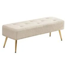 Furnistyle Ivory White Button Tufted Ottoman Bench, Faux Sherpa Fabric Ottoman, End Of Bed Bench Upholstered Entryway Bench Seat, Furry Bench With Solid Metal Legs, Vanity Bench For Makeup Room, Footstool Ottman Bench For Living Room