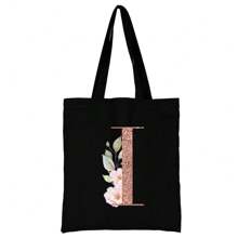 女士购物袋帆布袋手提袋可重复使用杂货手提袋储物袋玫瑰金字母姓名首字母图案旅行单肩包大容量学生手提包大容量帆布手提单肩包杂货袋书包，返校背包，大容量，轻便，便携，适合少女女大学生，非常适合返校、大学、初中、高中、工作、商务、通勤