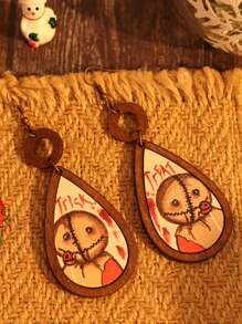 New Vintage Halloween Style Handmade Wood Hollow Round & Drop Shaped Broken Doll Earrings And Pendant Set For Women