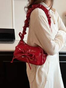 Fashion Red Shiny PU Mini Shoulder Bag With Simple Bowknot, Multiple Pockets And Pleats - Red - View 4