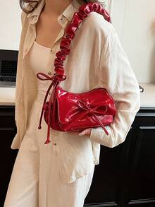 Fashion Red Shiny PU Mini Shoulder Bag With Simple Bowknot, Multiple Pockets And Pleats - Red - View 5