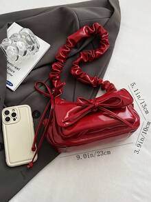 Fashion Red Shiny PU Mini Shoulder Bag With Simple Bowknot, Multiple Pockets And Pleats - Red - View 3