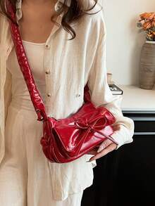 Fashion Red Shiny PU Mini Shoulder Bag With Simple Bowknot, Multiple Pockets And Pleats - Red - View 6