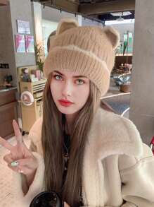1 件装可爱耳饰针织冬帽，女士，温暖舒适，大头围，适合秋冬季情人节