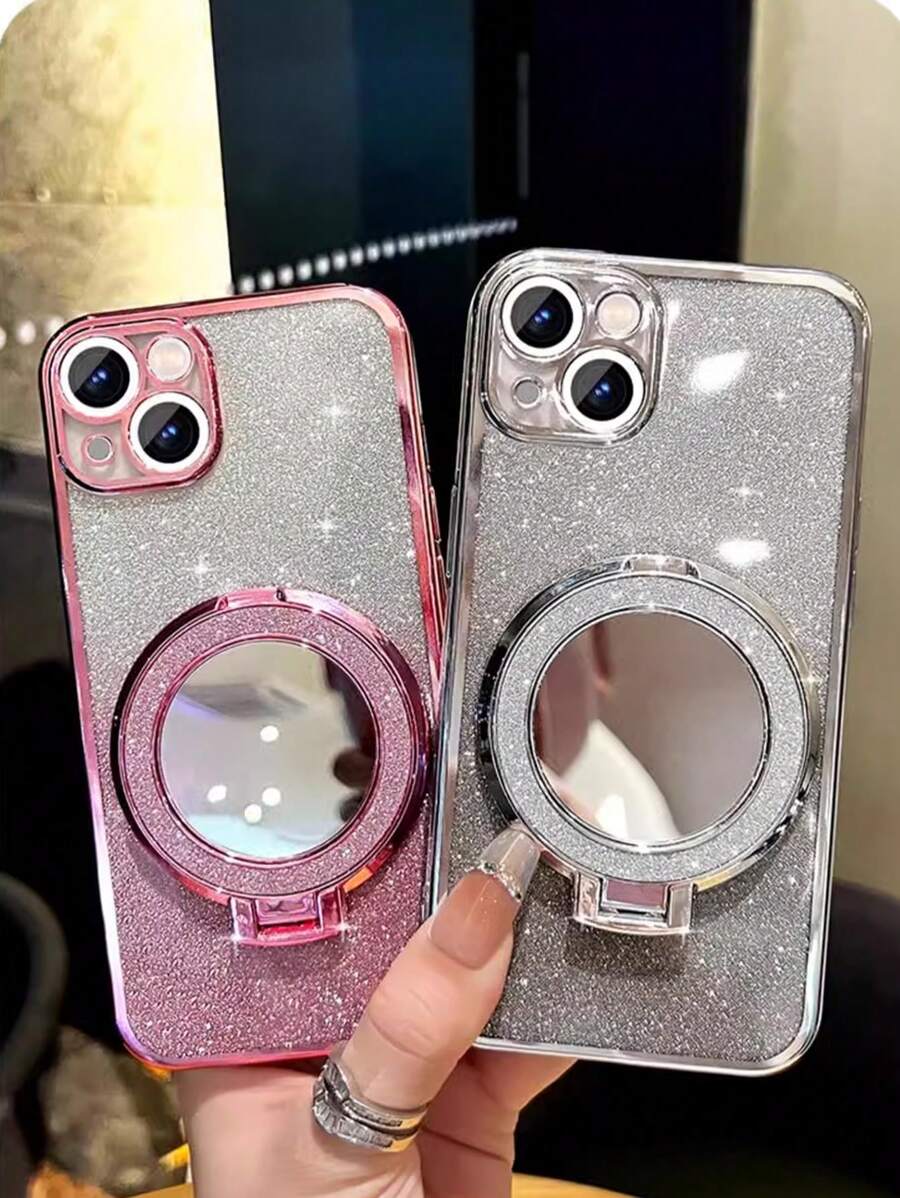 Bộ 3 trong 1 hoàn chỉnh: Vỏ điện thoại chống sốc mạ điện + Nhãn dán lấp lánh + Đế gương mỹ phẩm, Tương thích với sạc không dây - Bạc - Xem 1