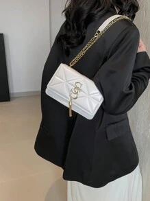 Korean Fashionable Embossed Diamond Pattern Letter Casual Handbag For Women, 2024 New Netizen Simple Shoulder Messenger Small Square Bag , Old Money, White Bag - White - View 4